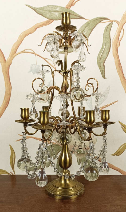 A Louis XVI Style Gilt MetalBrass and Glass Three Armed Candelabra (5).jpg